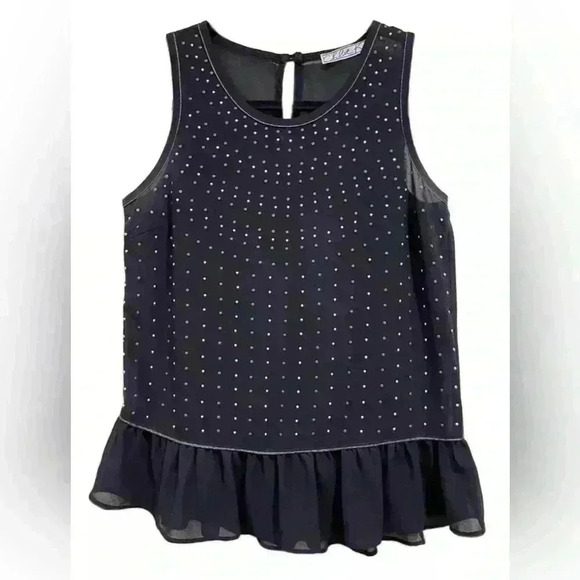 Chloe K Womens S Sheer Black Embellished Studded Ruffled Peplum Blouse Tank Top - Picture 1 of 10